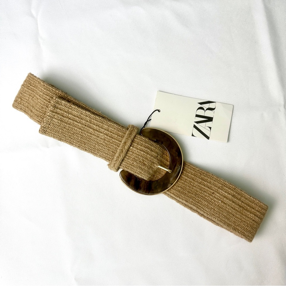 Zara Tan and Brown Elastic Belt with Brass Buckle